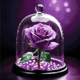 A purple rose with dewdrops under a glass dome, set on glowing violet beads against a soft purple background. Size - 40cm x 40cm