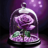 A purple rose with dewdrops under a glass dome, set on glowing violet beads against a soft purple background. Size - 50cm x 50cm