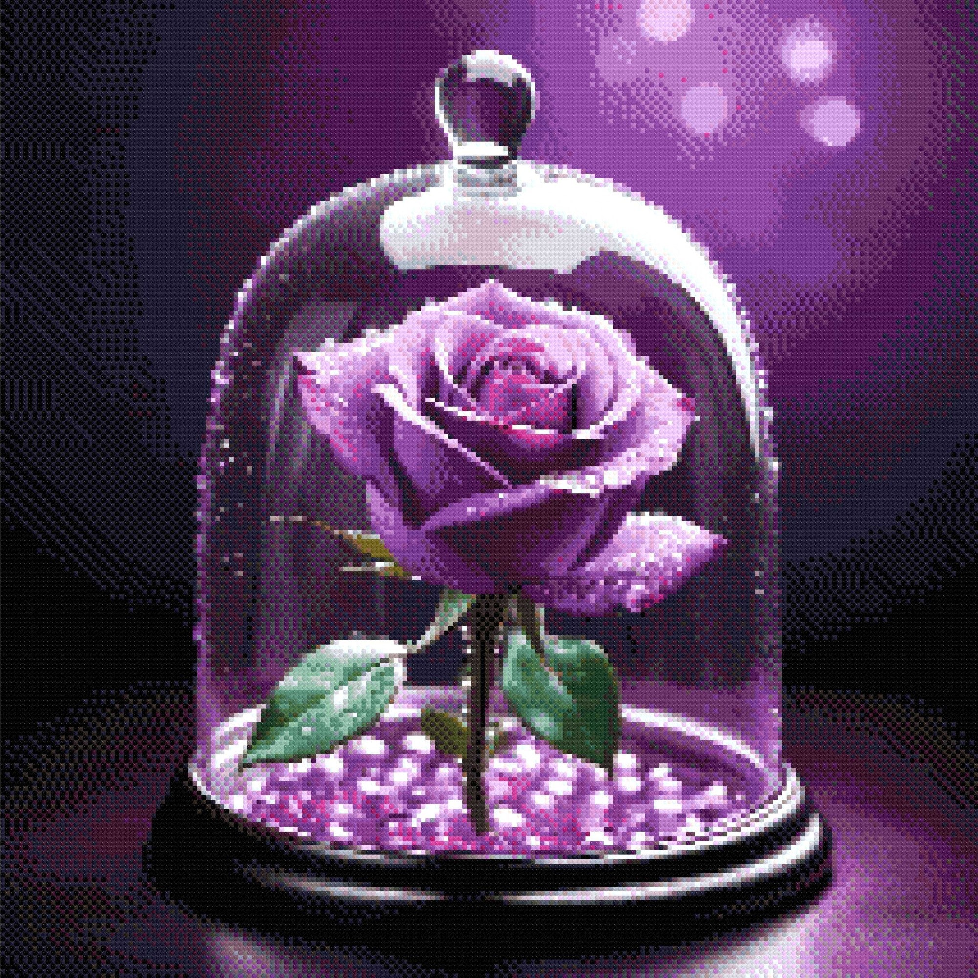A purple rose with dewdrops under a glass dome, set on glowing violet beads against a soft purple background. Size - 60cm x 60cm