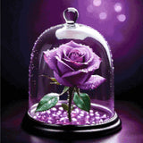 A purple rose with dewdrops under a glass dome, set on glowing violet beads against a soft purple background. Size - 60cm x 60cm