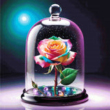 A vibrant rainbow-coloured rose under a glass dome, surrounded by glowing multicoloured beads on a dark surface. Size - 100cm x 100cm