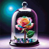 A vibrant rainbow-coloured rose under a glass dome, surrounded by glowing multicoloured beads on a dark surface. Size - 100cm x 100cm