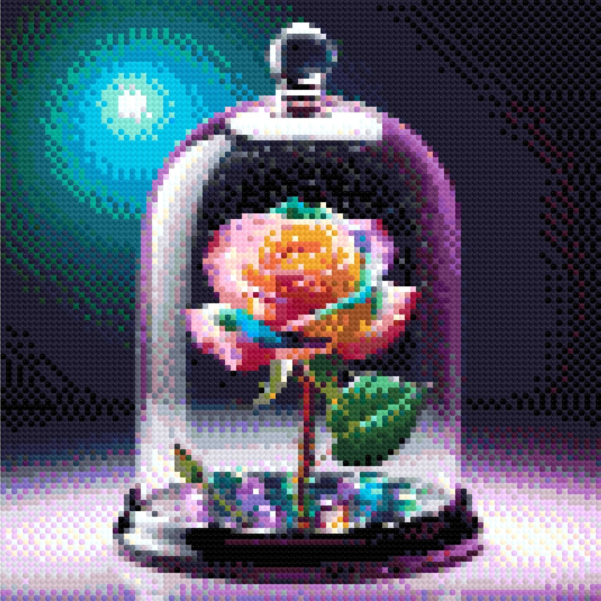 A vibrant rainbow-coloured rose under a glass dome, surrounded by glowing multicoloured beads on a dark surface. Size - 30cm x 30cm