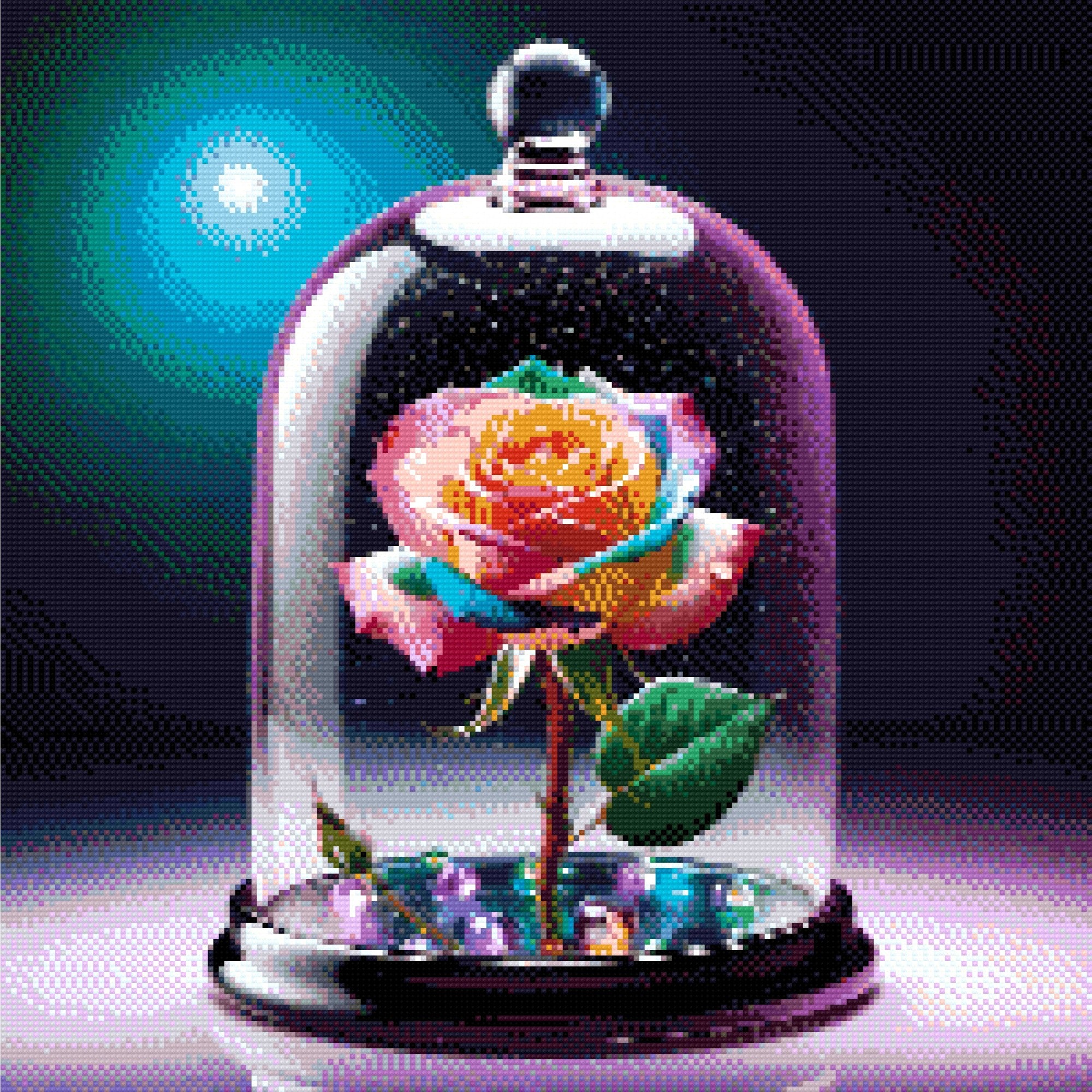 A vibrant rainbow-coloured rose under a glass dome, surrounded by glowing multicoloured beads on a dark surface. Size - 50cm x 50cm