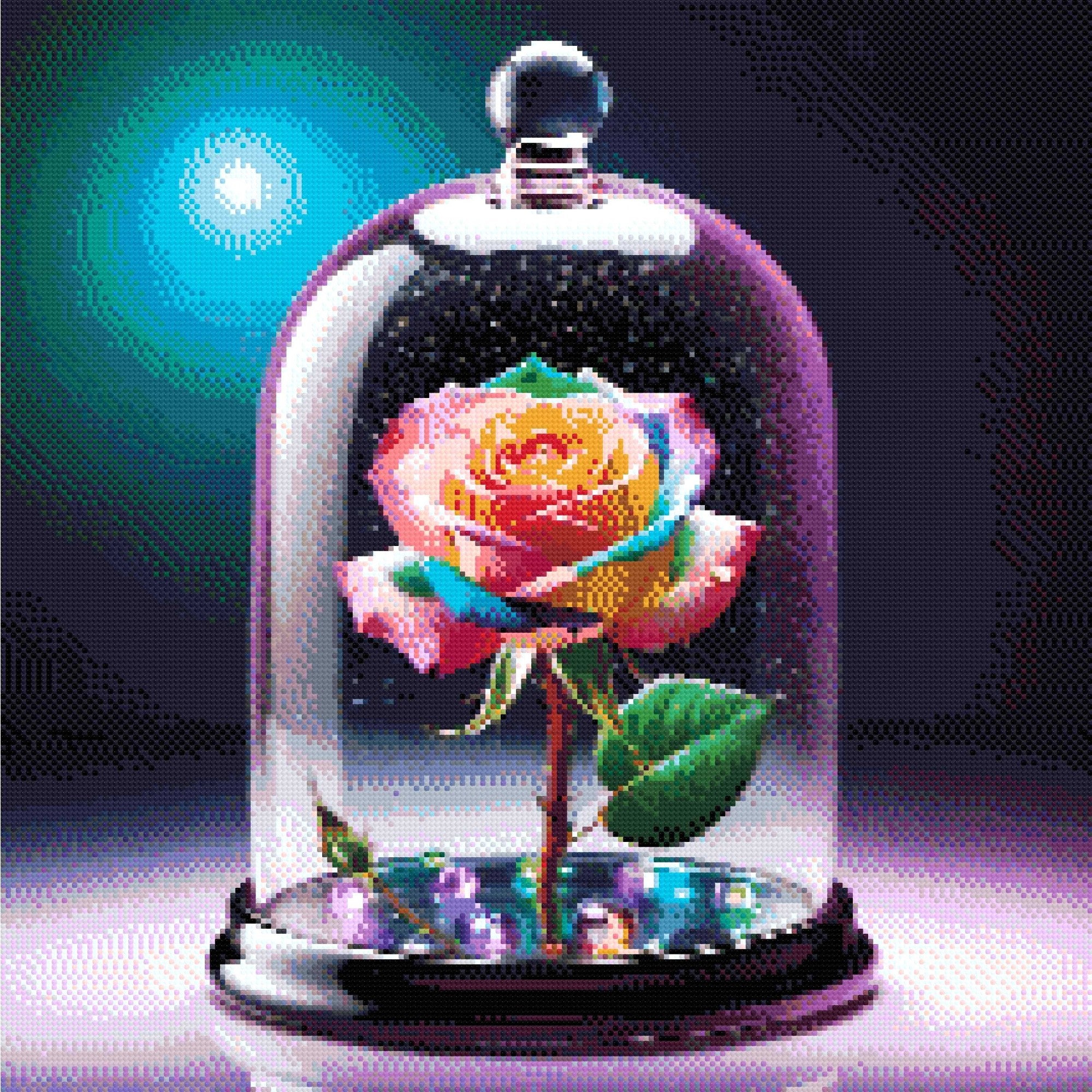 A vibrant rainbow-coloured rose under a glass dome, surrounded by glowing multicoloured beads on a dark surface. Size - 60cm x 60cm