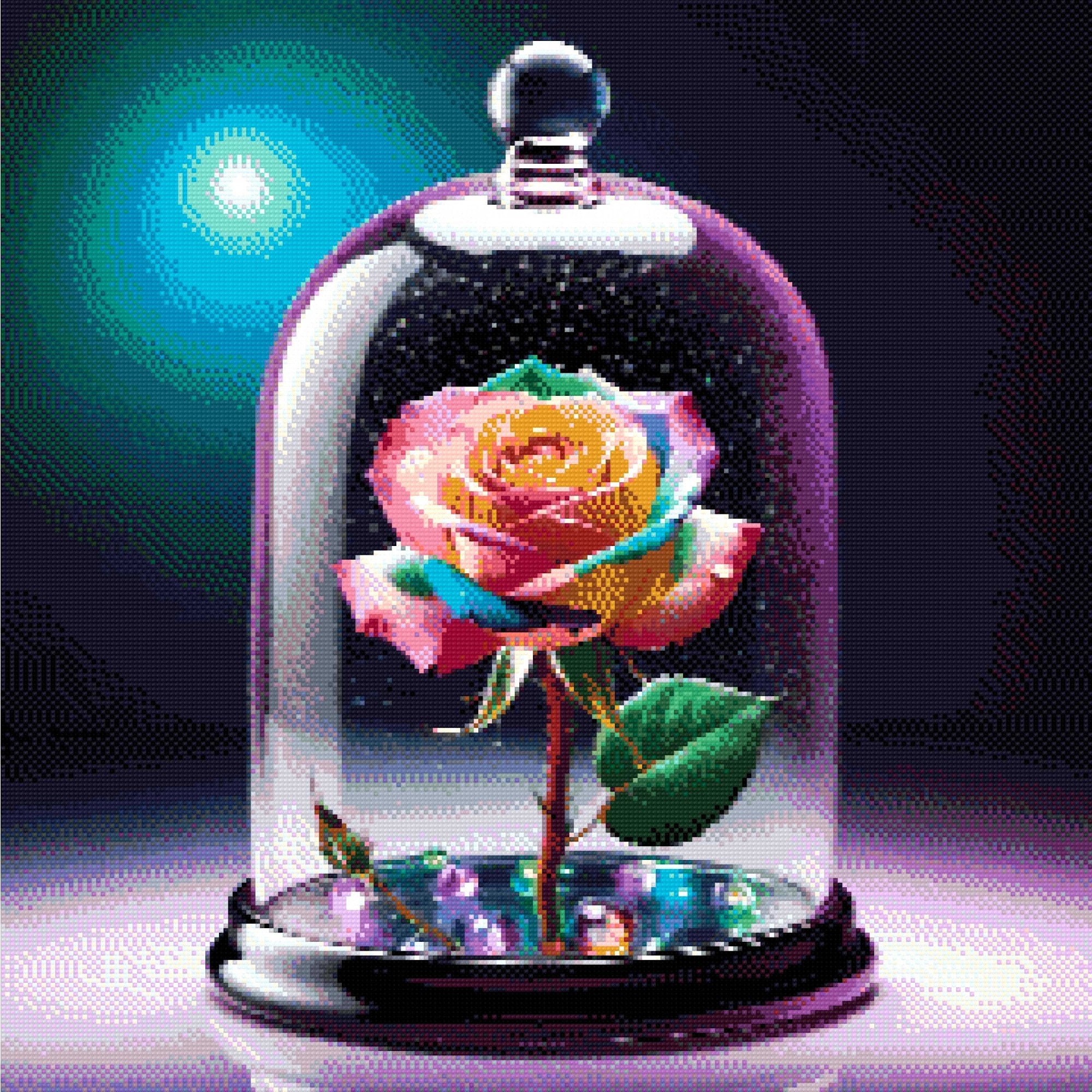 A vibrant rainbow-coloured rose under a glass dome, surrounded by glowing multicoloured beads on a dark surface. Size - 60cm x 60cm
