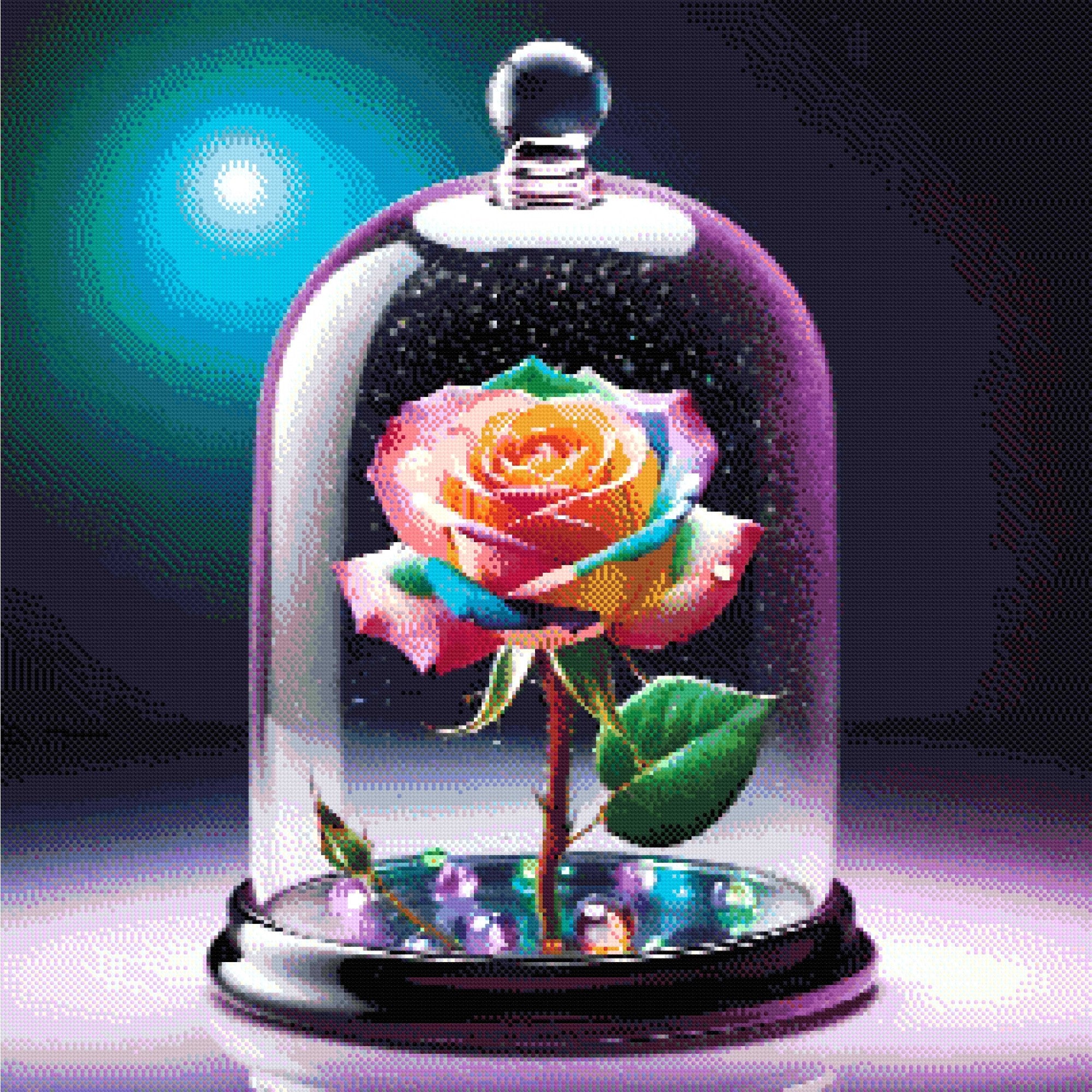 A vibrant rainbow-coloured rose under a glass dome, surrounded by glowing multicoloured beads on a dark surface. Size - 80cm x 80cm