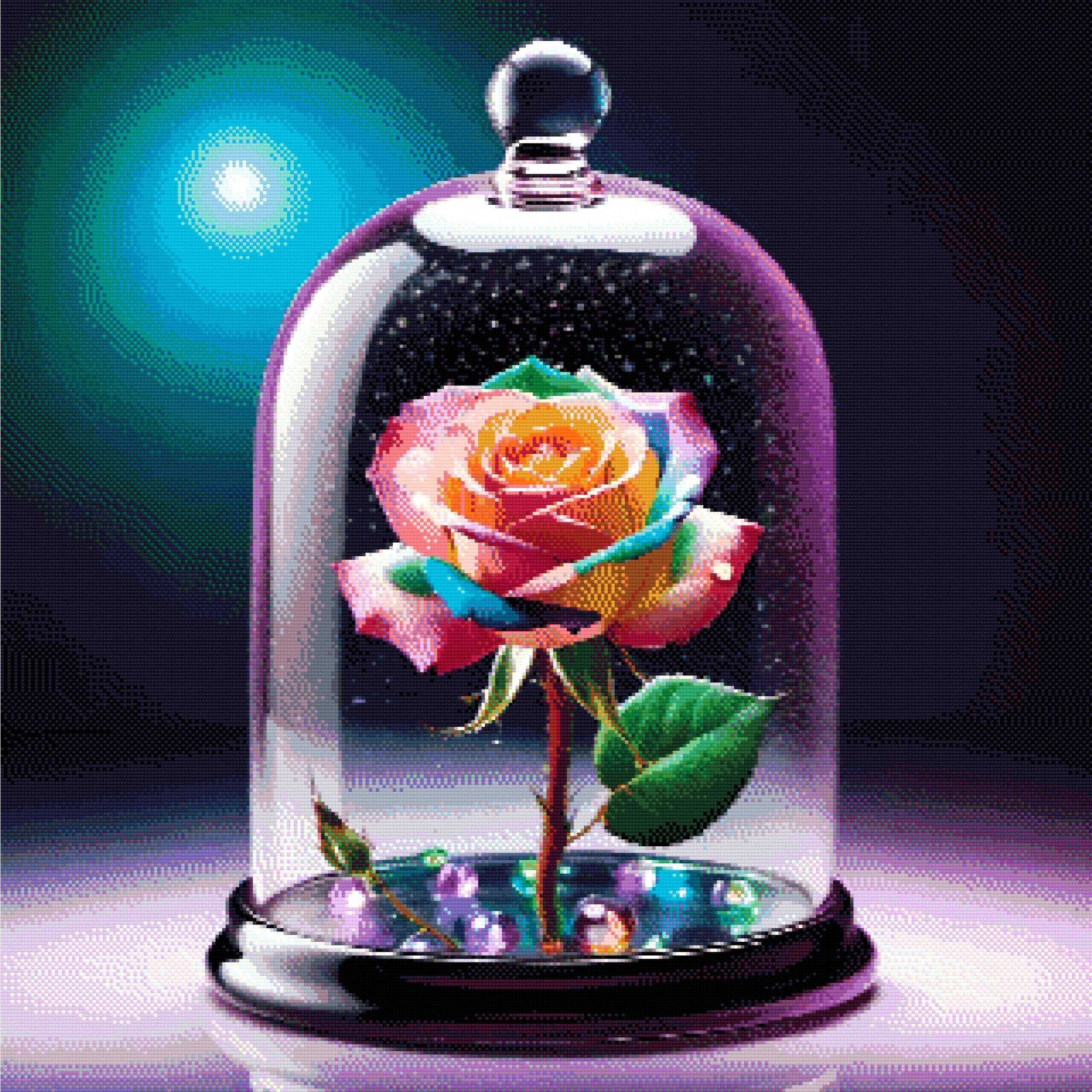 A vibrant rainbow-coloured rose under a glass dome, surrounded by glowing multicoloured beads on a dark surface. Size - 80cm x 80cm