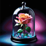A pink-orange rose under a glass dome, surrounded by blue and pink beads, with a glowing pink and blue background. Size - 100cm x 100cm