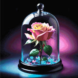 A pink-orange rose under a glass dome, surrounded by blue and pink beads, with a glowing pink and blue background. Size - 60cm x 60cm