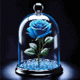 Blue rose under a glass dome with dew drops and glowing beads. Size - 30cm x 30cm