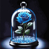 Blue rose under a glass dome with dew drops and glowing beads. Size - 50cm x 50cm