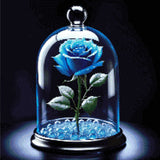 Blue rose under a glass dome with dew drops and glowing beads. Size - 50cm x 50cm