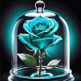 A vibrant blue rose under a glass dome with dew drops on petals. Size - 100cm x 100cm
