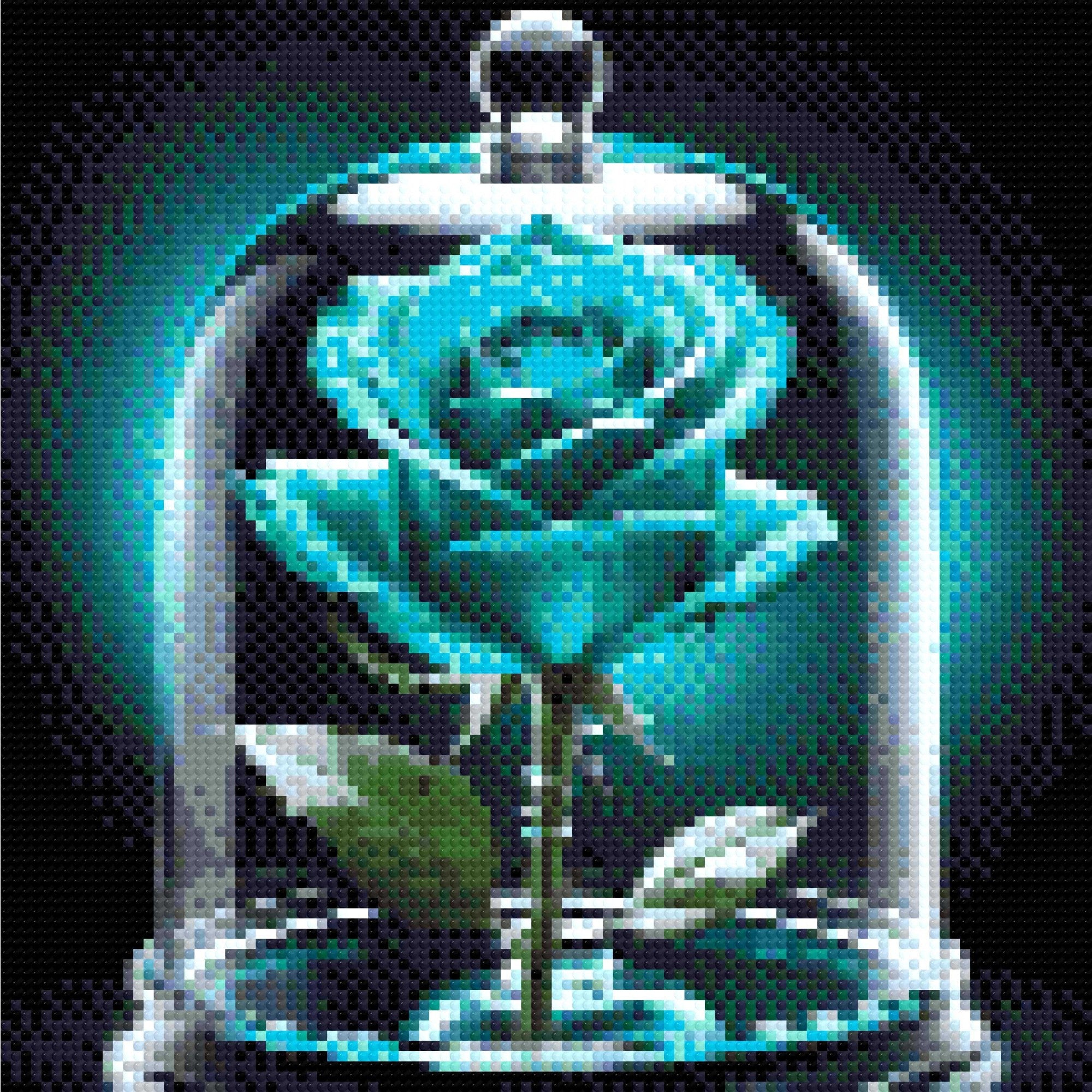 A vibrant blue rose under a glass dome with dew drops on petals. Size - 30cm x 30cm