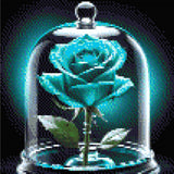 A vibrant blue rose under a glass dome with dew drops on petals. Size - 30cm x 30cm