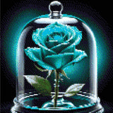 A vibrant blue rose under a glass dome with dew drops on petals. Size - 30cm x 30cm