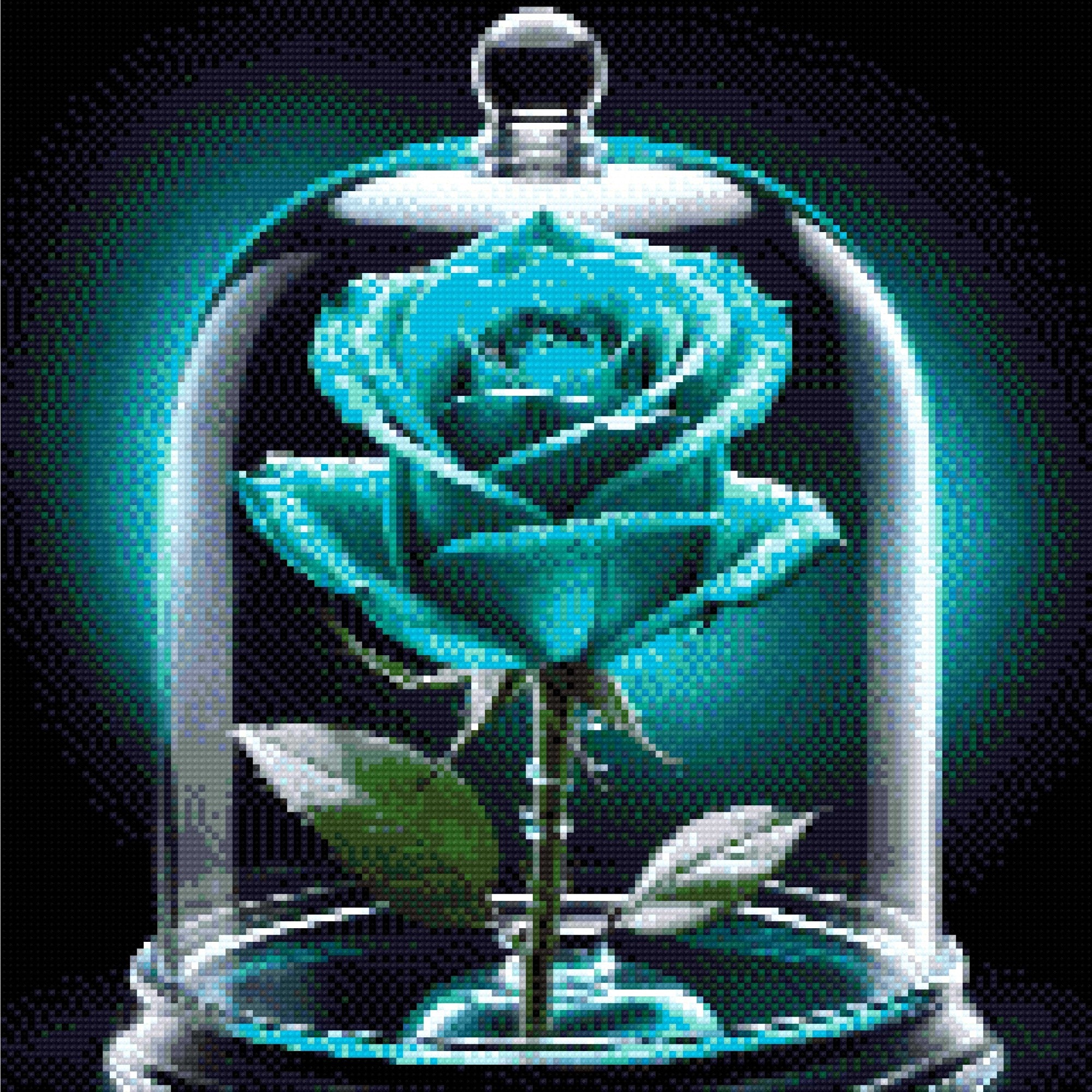 A vibrant blue rose under a glass dome with dew drops on petals. Size - 40cm x 40cm