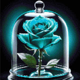 A vibrant blue rose under a glass dome with dew drops on petals. Size - 40cm x 40cm