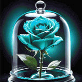 A vibrant blue rose under a glass dome with dew drops on petals. Size - 50cm x 50cm
