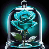 A vibrant blue rose under a glass dome with dew drops on petals. Size - 60cm x 60cm