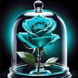 A vibrant blue rose under a glass dome with dew drops on petals. Size - 80cm x 80cm