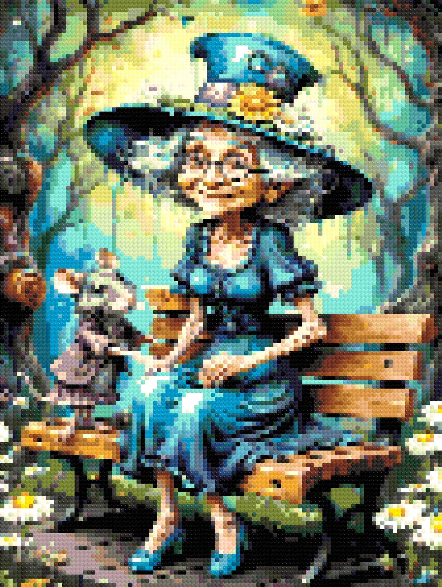 Elderly woman in teal dress and hat with a mouse on a bench in a whimsical forest. Size - 30cm x 40cm