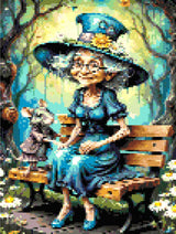 Elderly woman in teal dress and hat with a mouse on a bench in a whimsical forest. Size - 30cm x 40cm