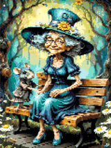 Elderly woman in teal dress and hat with a mouse on a bench in a whimsical forest. Size - 30cm x 40cm