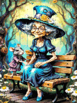 Elderly woman in teal dress and hat with a mouse on a bench in a whimsical forest. Size - 45cm x 60cm
