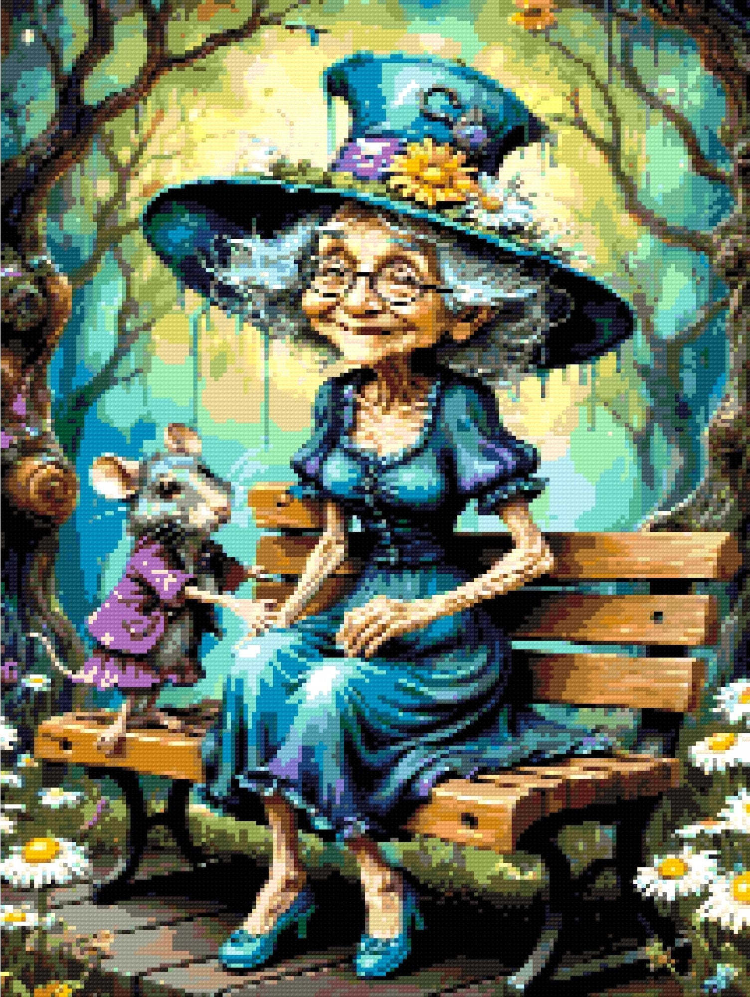 Elderly woman in teal dress and hat with a mouse on a bench in a whimsical forest. Size - 45cm x 60cm