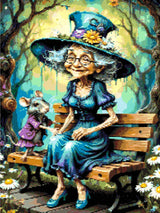 Elderly woman in teal dress and hat with a mouse on a bench in a whimsical forest. Size - 45cm x 60cm
