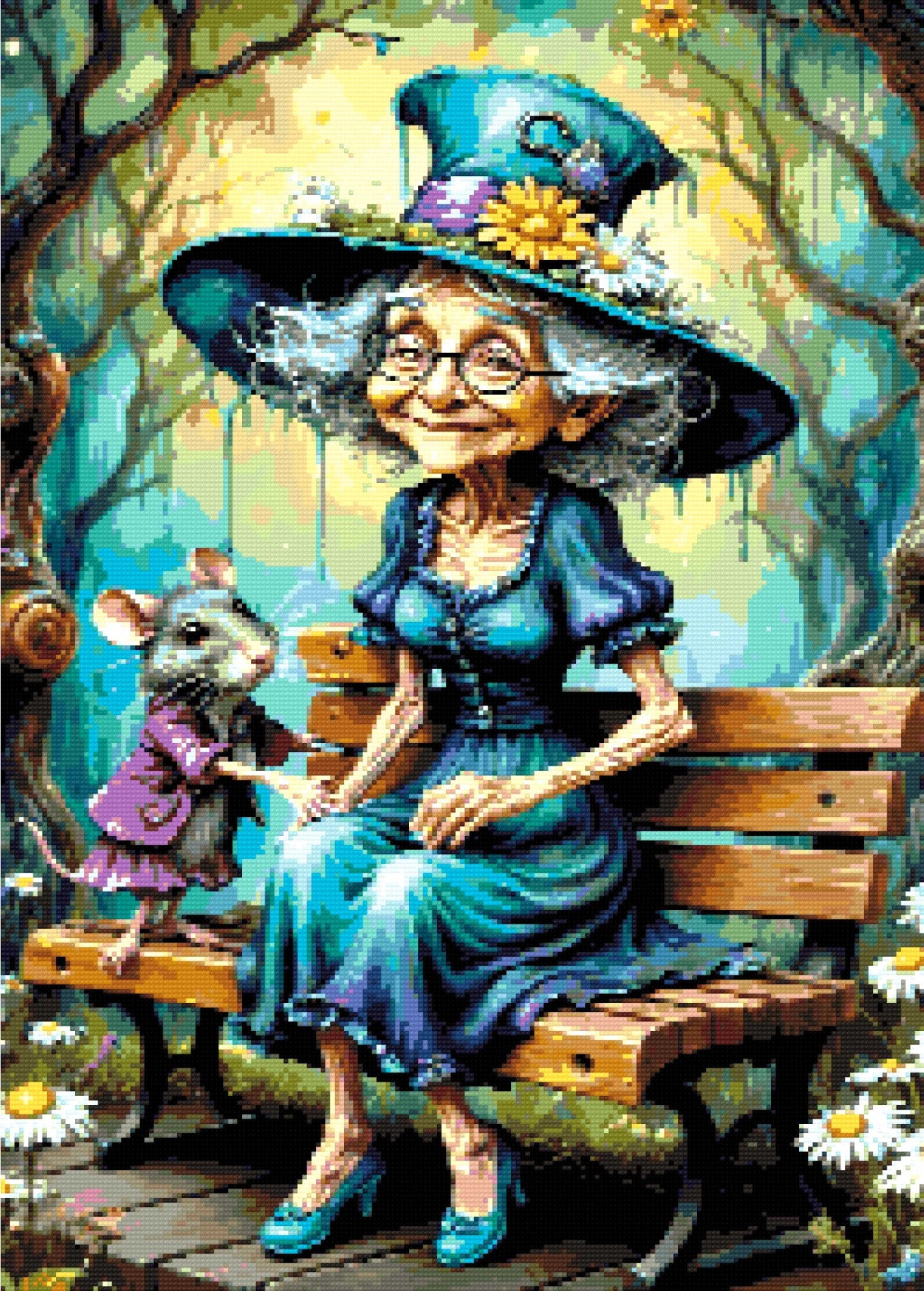 Elderly woman in teal dress and hat with a mouse on a bench in a whimsical forest. Size - 50cm x 70cm