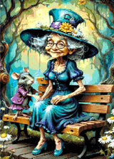 Elderly woman in teal dress and hat with a mouse on a bench in a whimsical forest. Size - 50cm x 70cm