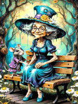 Elderly woman in teal dress and hat with a mouse on a bench in a whimsical forest. Size - 90cm x 120cm