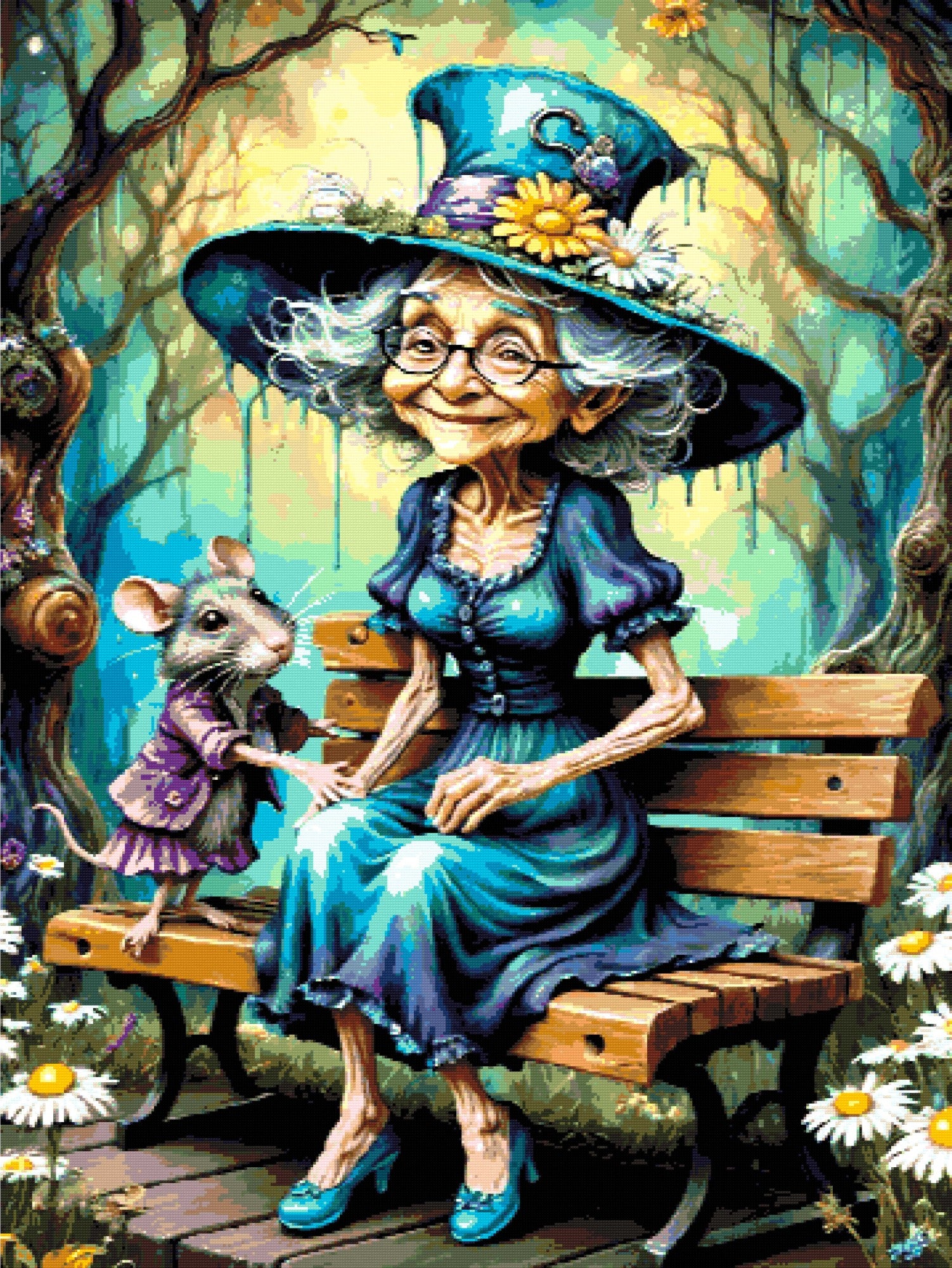 Elderly woman in teal dress and hat with a mouse on a bench in a whimsical forest. Size - 90cm x 120cm