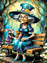 Elderly woman in teal dress and hat with a mouse on a bench in a whimsical forest. Size - 90cm x 120cm