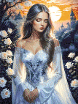 Woman in a detailed gown with white roses, castle silhouette, and sunset. Size - 30cm x 40cm