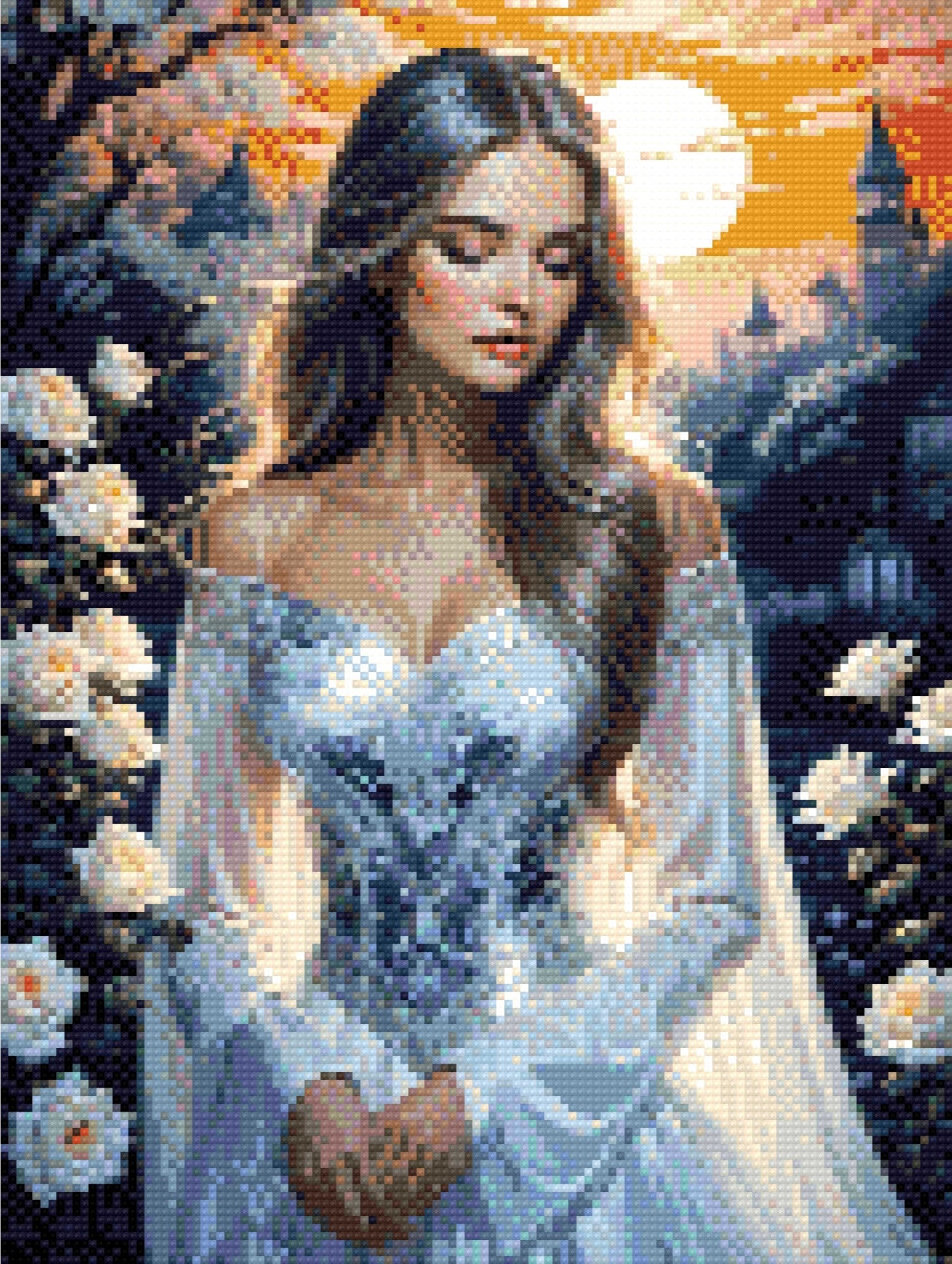 Woman in a detailed gown with white roses, castle silhouette, and sunset. Size - 30cm x 40cm