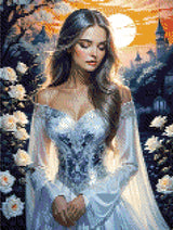 Woman in a detailed gown with white roses, castle silhouette, and sunset. Size - 30cm x 40cm