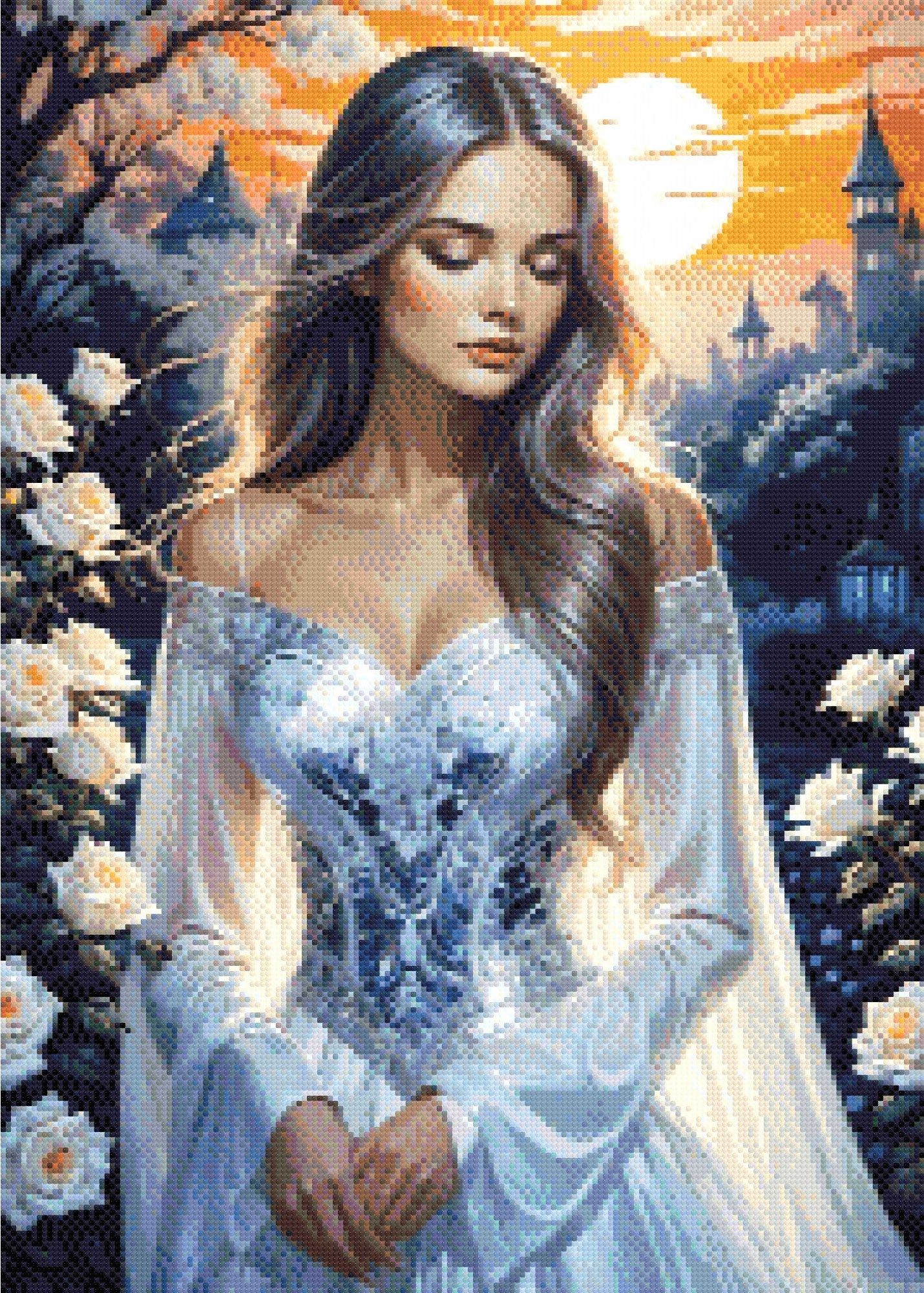 Woman in a detailed gown with white roses, castle silhouette, and sunset. Size - 50cm x 70cm