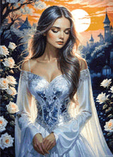 Woman in a detailed gown with white roses, castle silhouette, and sunset. Size - 50cm x 70cm