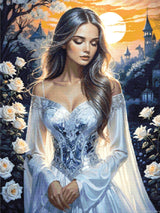 Woman in a detailed gown with white roses, castle silhouette, and sunset. Size - 90cm x 120cm