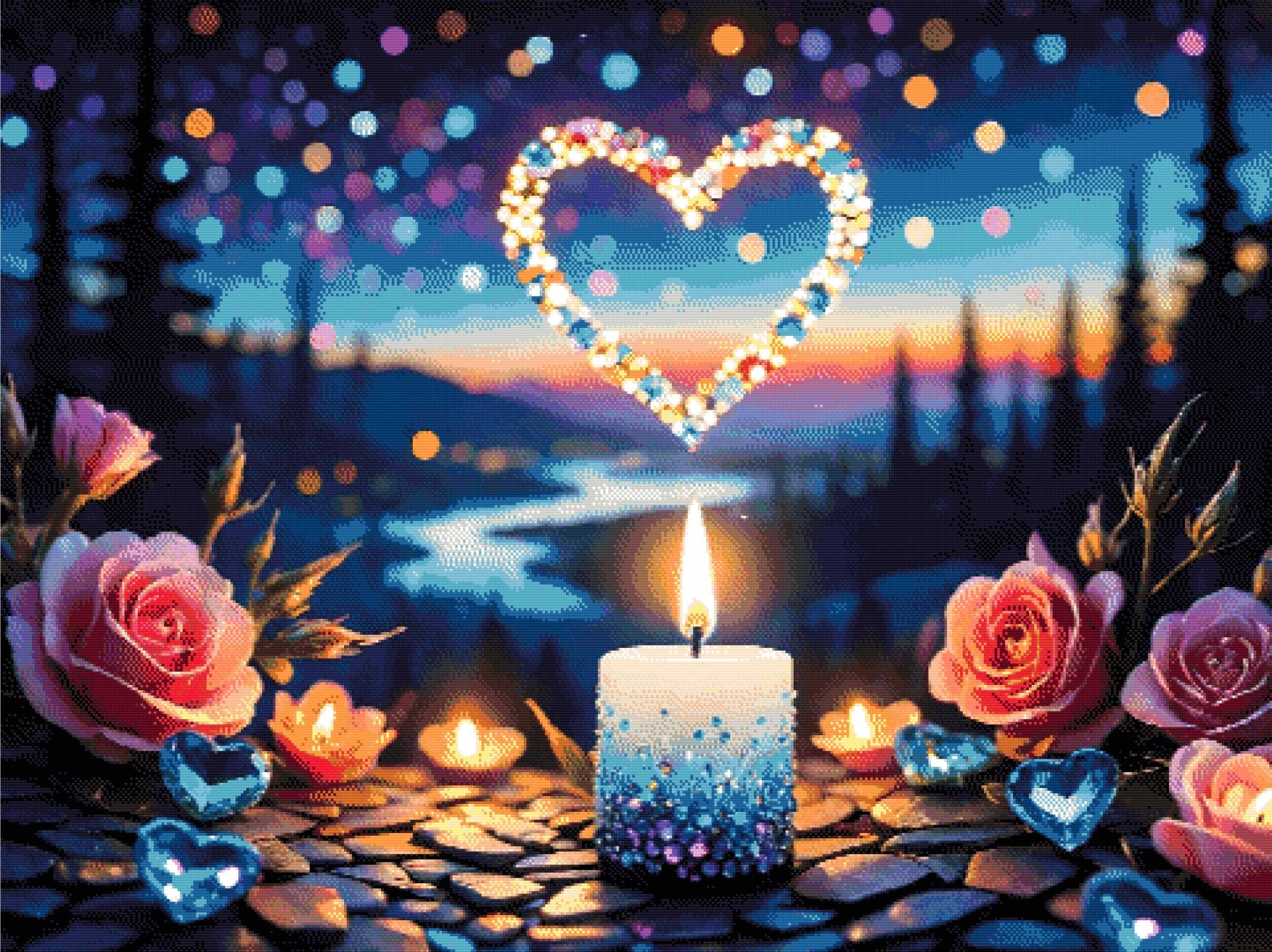 A candle with beads, pink roses, and glowing heart shapes at twilight. Size - 120cm x 90cm