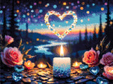 A candle with beads, pink roses, and glowing heart shapes at twilight. Size - 40cm x 30cm