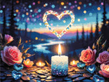 A candle with beads, pink roses, and glowing heart shapes at twilight. Size - 60cm x 45cm