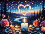 A candle with beads, pink roses, and glowing heart shapes at twilight. Size - 60cm x 45cm