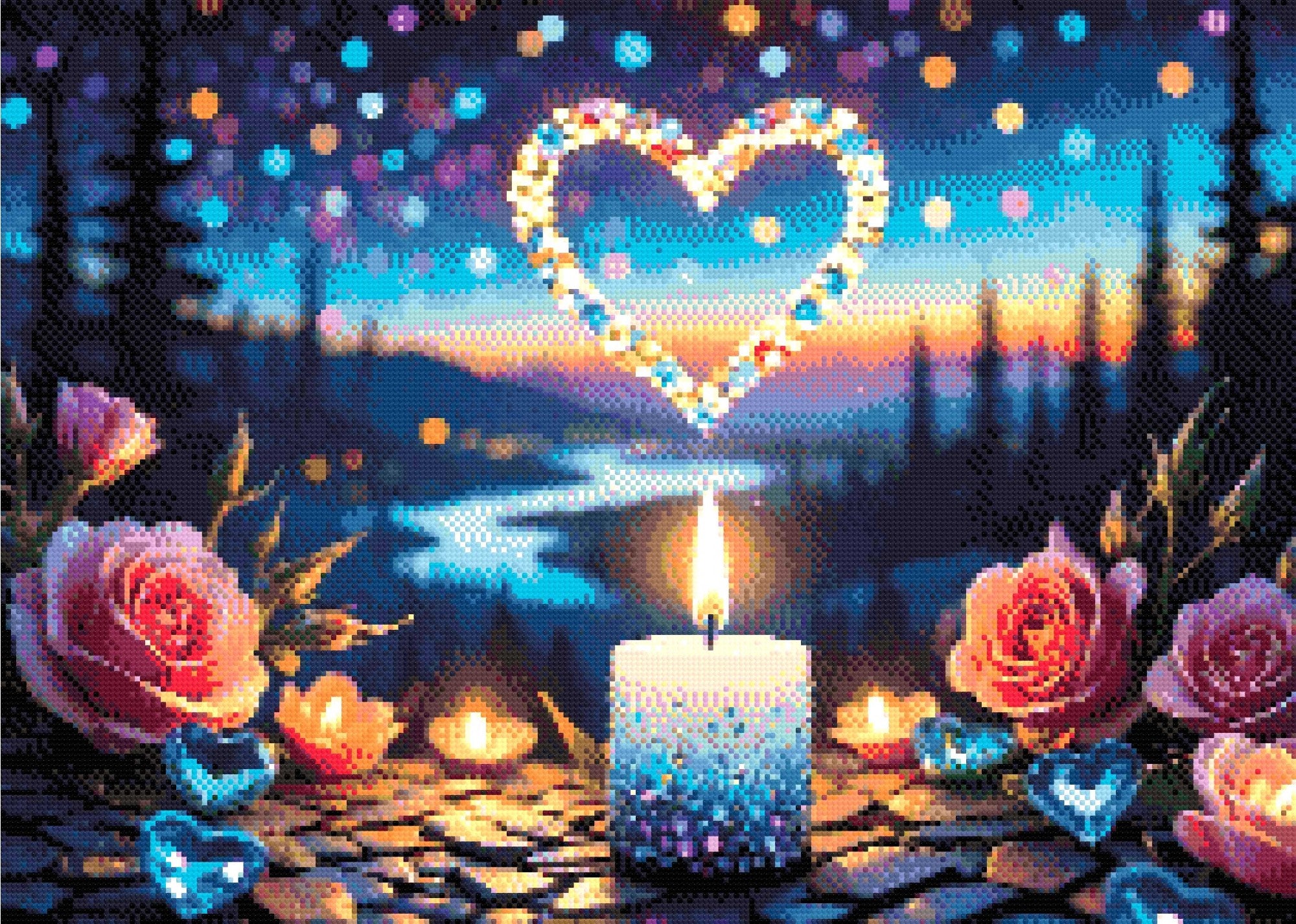 A candle with beads, pink roses, and glowing heart shapes at twilight. Size - 70cm x 50cm