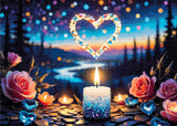 A candle with beads, pink roses, and glowing heart shapes at twilight. Size - 70cm x 50cm