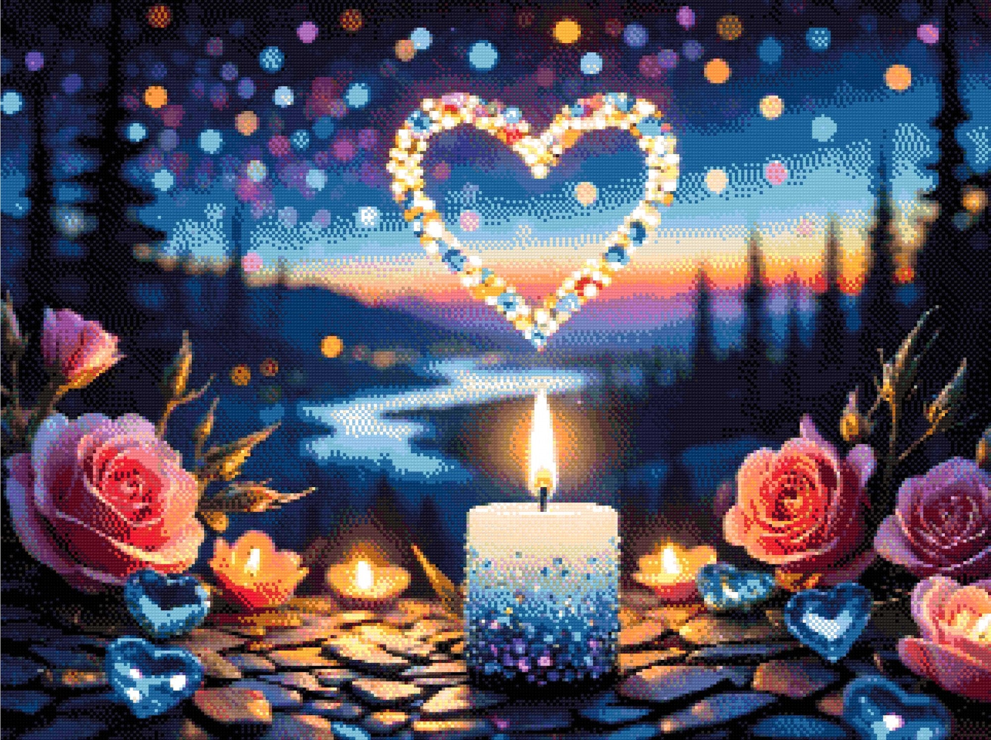 A candle with beads, pink roses, and glowing heart shapes at twilight. Size - 80cm x 60cm